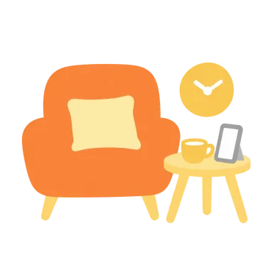 ソファと時計、お茶のイラスト