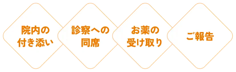 院内・診察に同席 ／ 待ち時間もおそばに ／ お薬の受け取り・ご報告まで