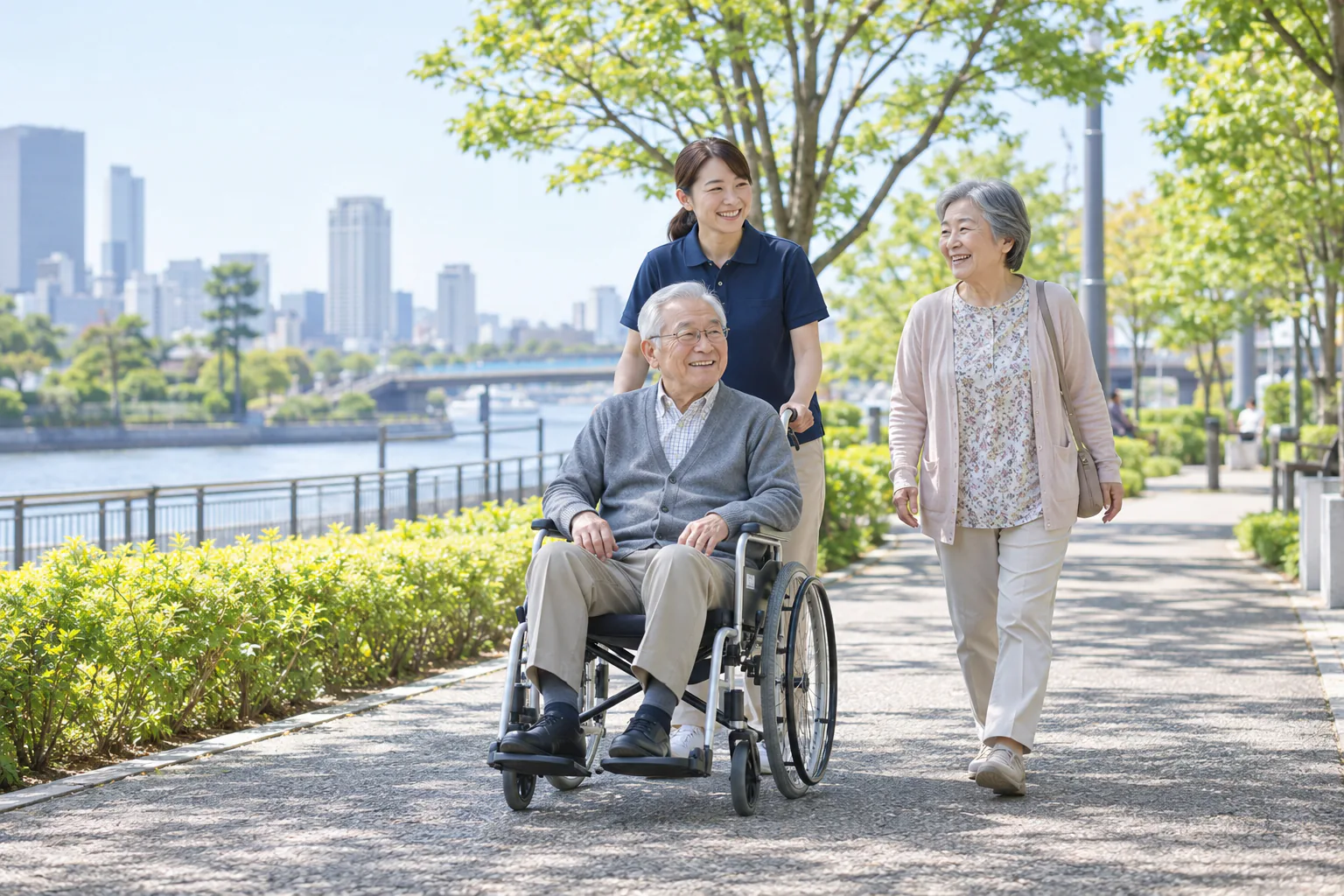 車いすの夫と歩く妻に付き添い、ヘルパーが車いすを押しながら観光する様子