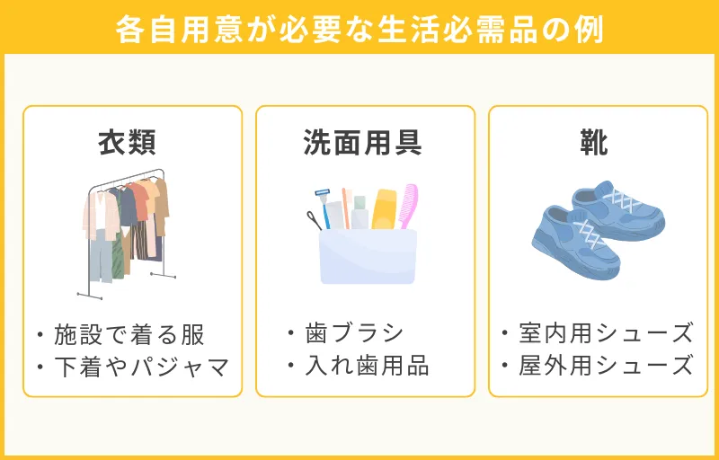各自用意が必要な生活必需品の例